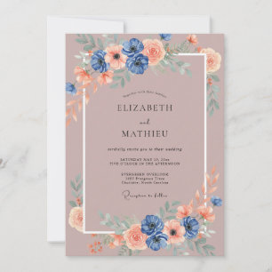 Invitación Boda Floreada con Florecimiento de Coral Azul Polv