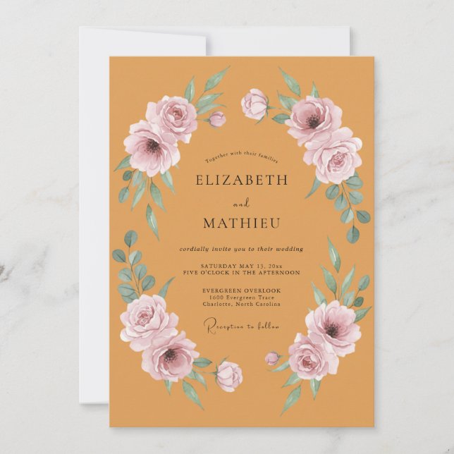 Invitación Boda floreada con florecimiento de naranja quemada (Anverso)