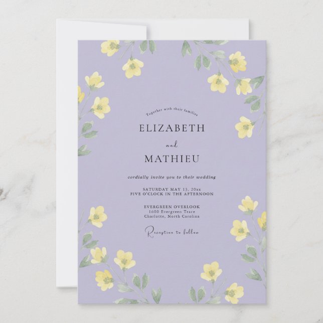Invitación Boda Floreada de Lavanda Amarillo (Anverso)