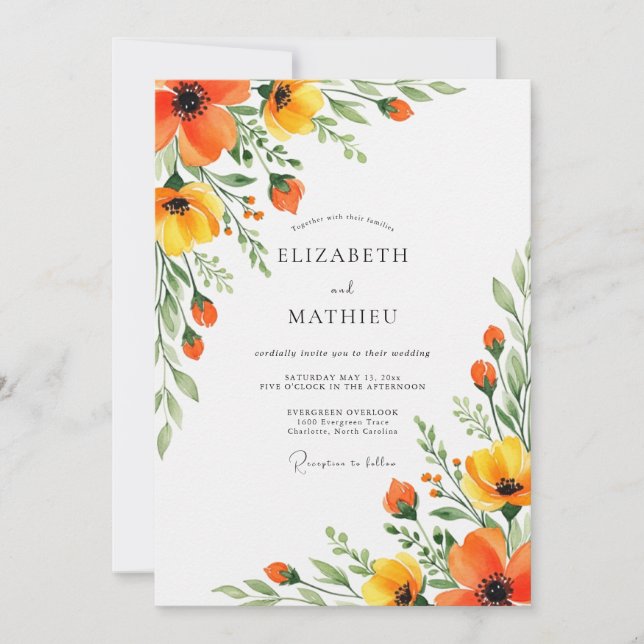 Invitación Boda Floreada de Naranja Amarillo (Anverso)