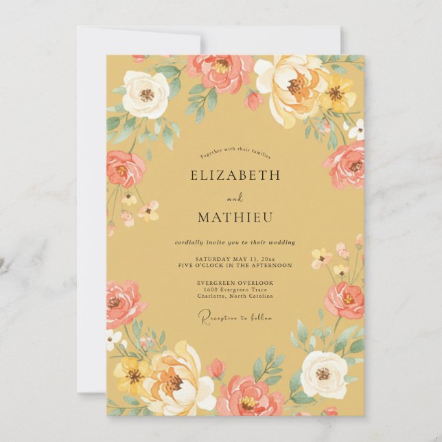 Invitación Boda Floreada de Otoño Amarillo (Anverso)