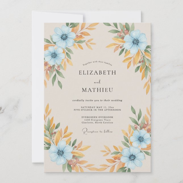 Invitación Boda Floreada de Otoño Azul Florece (Anverso)