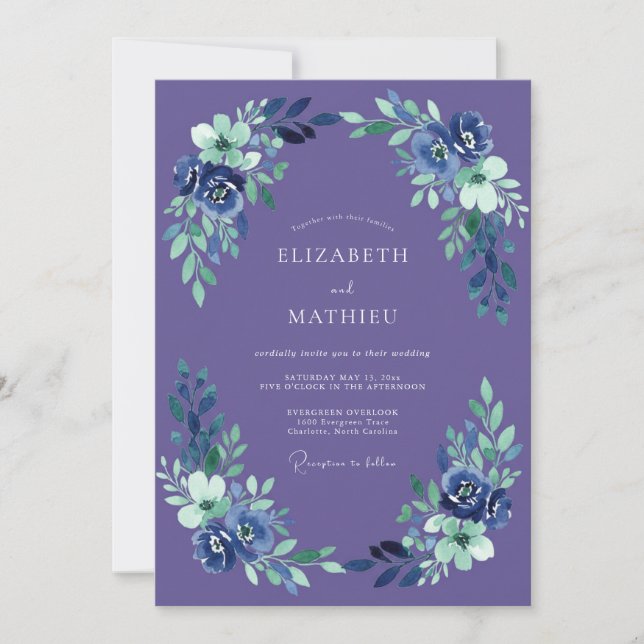 Invitación Boda Floreada de Pintura al Indigo (Anverso)