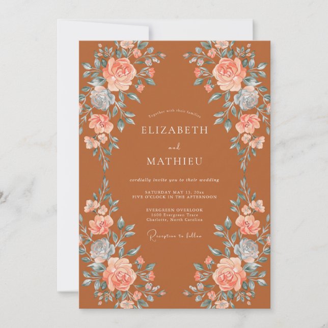 Invitación Boda Floreada de Terracota (Anverso)