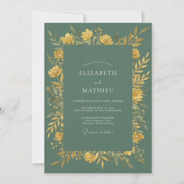Invitación Boda Floreada en Amarillo Salvia (Anverso)