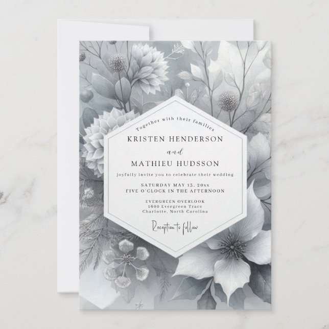 Invitación Boda Floreada en Gris Pintura (Anverso)