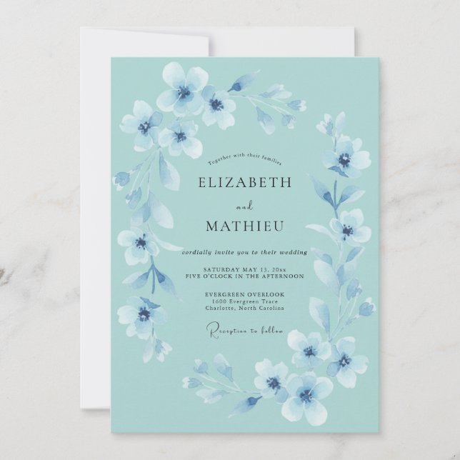 Invitación Boda Floreada Etérea Azul Cielo (Anverso)