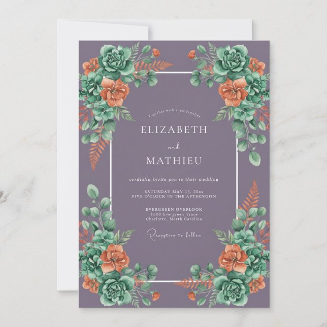 Invitación Boda Floreada Etérea de Color Malva (Anverso)