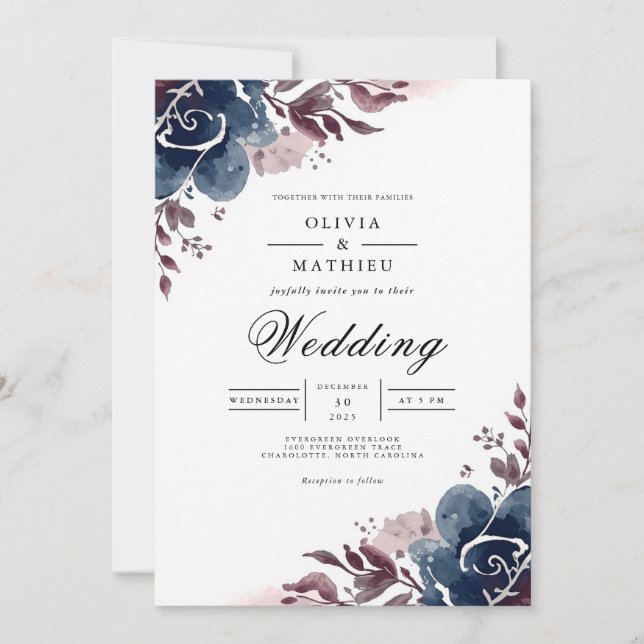 Invitación Boda Floreada Índigo (Anverso)