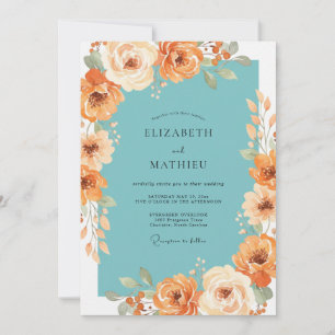 Invitación Boda Floreada Melocotón Turquesa con Florecimiento