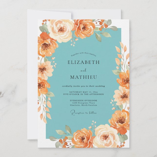 Invitación Boda Floreada Melocotón Turquesa con Florecimiento (Anverso)