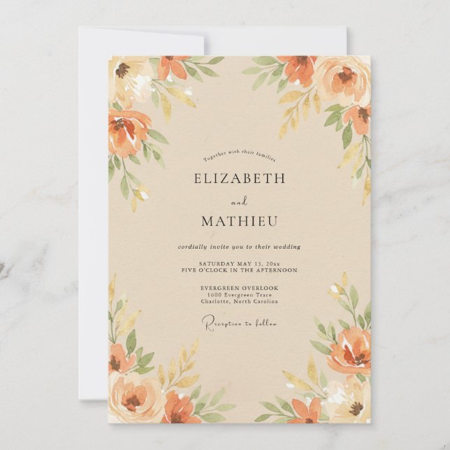 Invitación Boda Floreada Naranja Melocotón (Anverso)