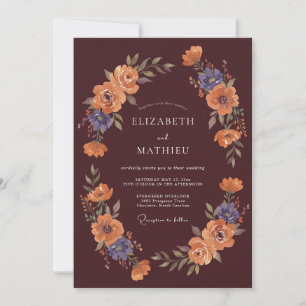 Invitación Boda Floreada Otoñal con Esplendor Borgoña
