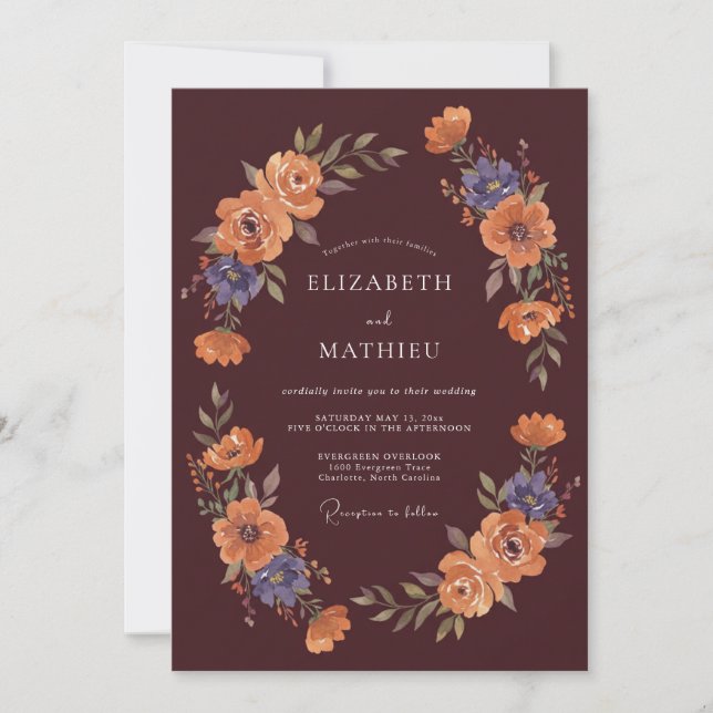 Invitación Boda Floreada Otoñal con Esplendor Borgoña (Anverso)