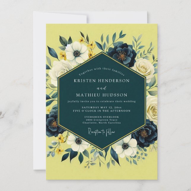 Invitación Boda Floreada Pictórica Chartreuse (Anverso)
