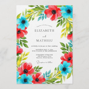 Invitación Boda Floreada Rojo Azul