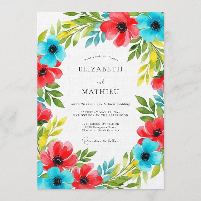 Invitación Boda Floreada Rojo Azul (Anverso)