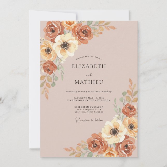 Invitación Boda Floreada Rústica de Terracota (Anverso)