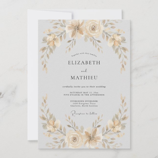 Invitación Boda Floreada Suave de Marfil (Anverso)