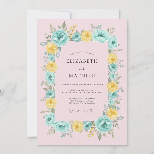 Invitación Boda Florece Amarillo Cian (Anverso)