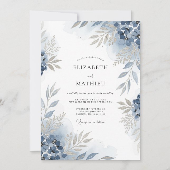 Invitación Boda Florece Azul Pizarra (Anverso)
