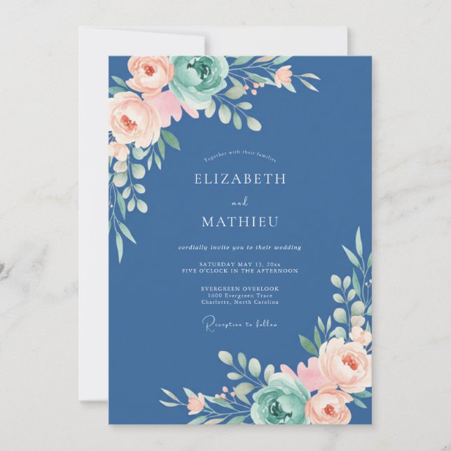 Invitación Boda Florece con Explosión Etérea de la Marina (Anverso)