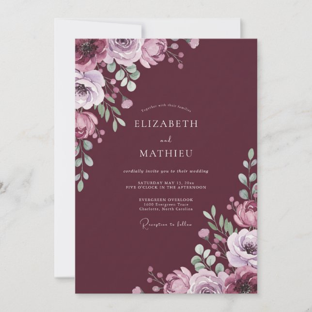 Invitación Boda Florece con Flor Burgundy (Anverso)