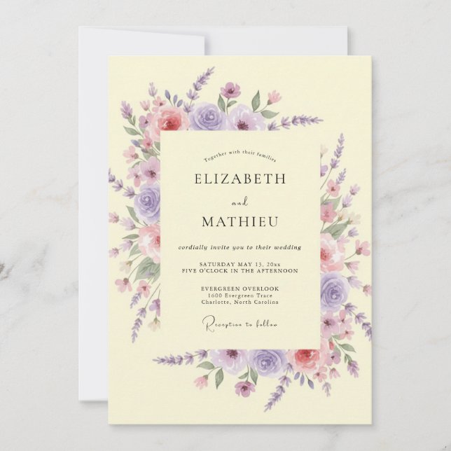 Invitación Boda Florece con Rubor de Lavanda (Anverso)