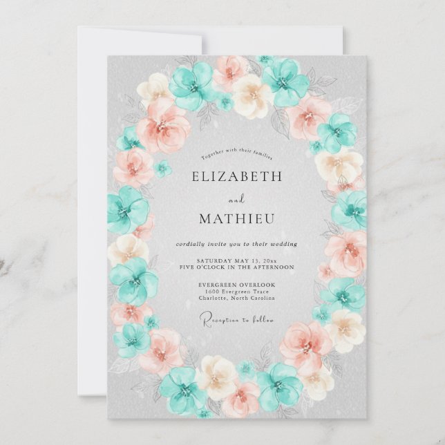 Invitación Boda Florece Coral Teal (Anverso)