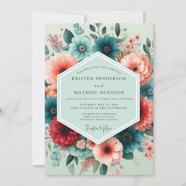 Invitación Boda Florece Coral Teal (Anverso)