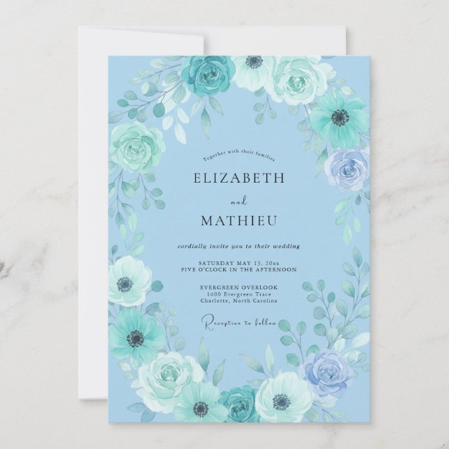 Invitación Boda Florece Flor Cielo Azul (Anverso)