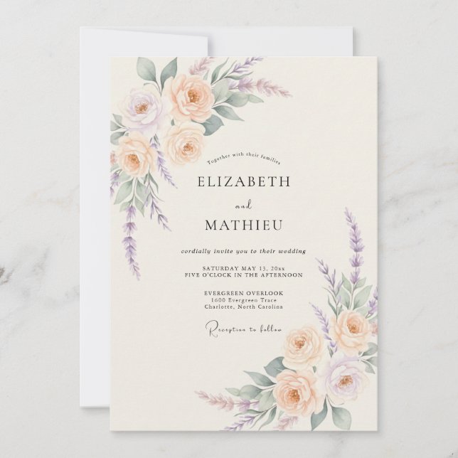 Invitación Boda Florece Flor de Melocotón Lavanda (Anverso)