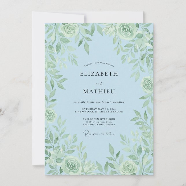 Invitación Boda Florece Verde Azul Celeste (Anverso)