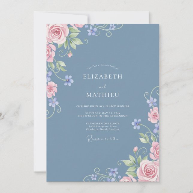 Invitación Boda Florecer Delicado Azul Polvoriento (Anverso)