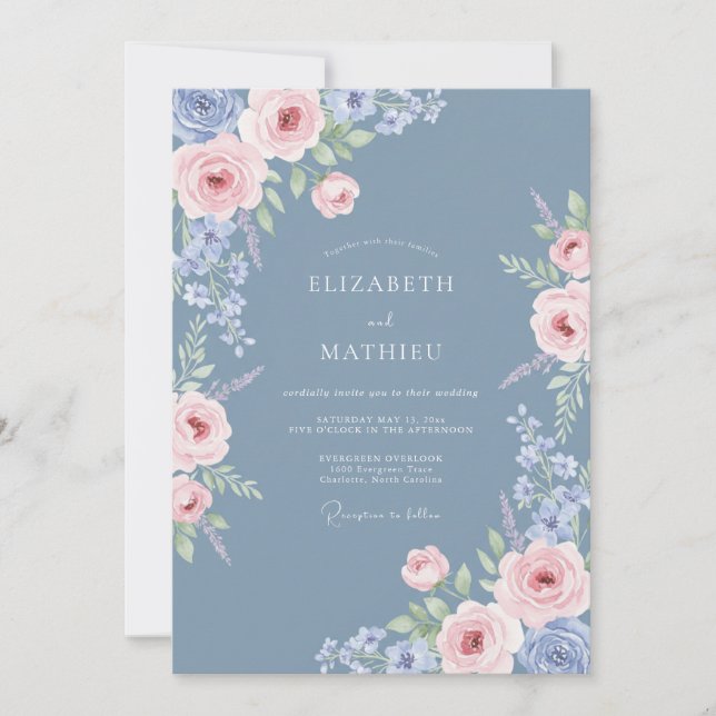 Invitación Boda Florecer Flor Azul Etérea (Anverso)