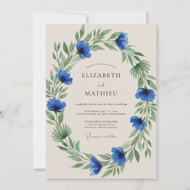 Invitación Boda Florecer Verdante Azul (Anverso)