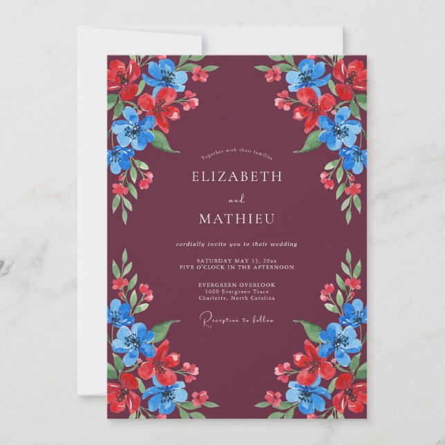 Invitación Boda florecida con florecimiento floral de Borgoña (Anverso)