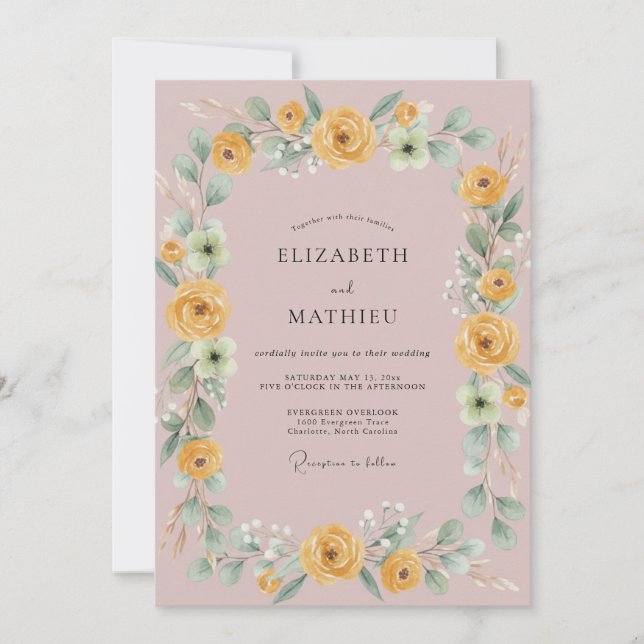 Invitación Boda Florecida de Amarillo Dorado (Anverso)