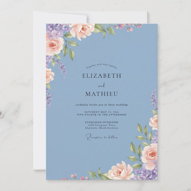 Invitación Boda Florecida de Azul Polvoriento (Anverso)