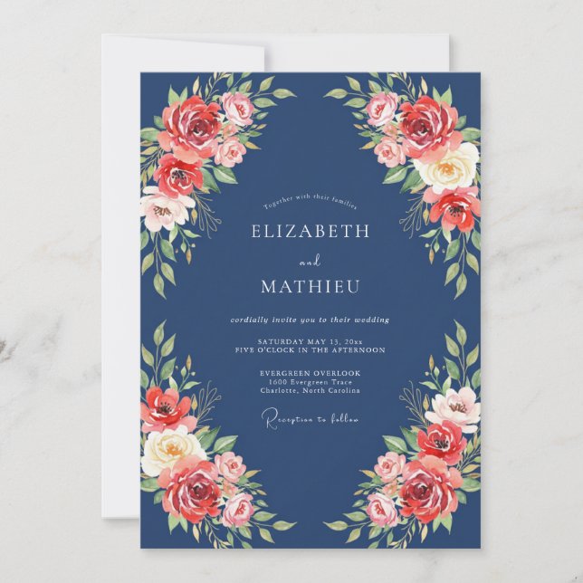 Invitación Boda Florecida de Coral de la Marina (Anverso)