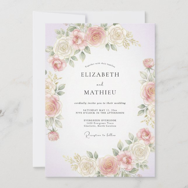 Invitación Boda Florecida de Flor de Melocotón Pálido (Anverso)