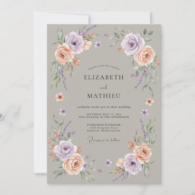 Invitación Boda Florecida de Lavanda y Melocotón (Anverso)