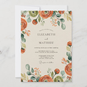 Invitación Boda florecida de otoño en naranja quemada