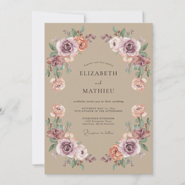 Invitación Boda Florecida de Rosa Polvorienta (Anverso)