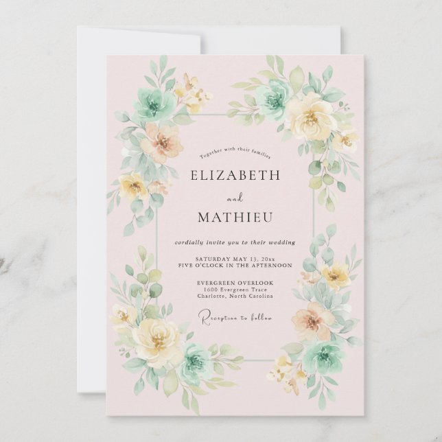 Invitación Boda Florecida de Rosa Rubor (Anverso)