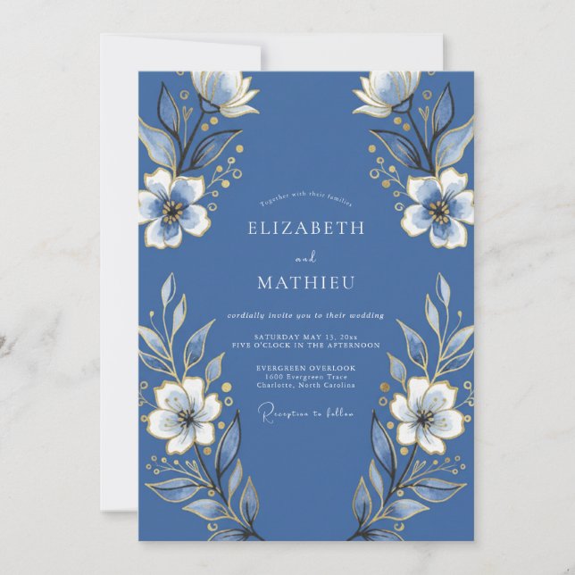 Invitación Boda Florecida Índigo Floral (Anverso)