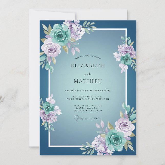 Invitación Boda floreciente de azul polvoriento (Anverso)