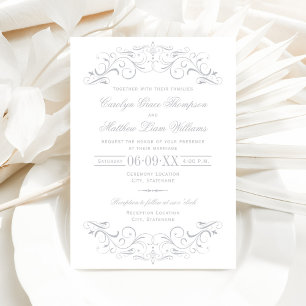 Invitación Boda floreciente de color blanco y gris plateado