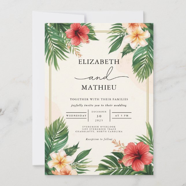 Invitación Boda floreciente de florecimiento de frondas tropi (Anverso)