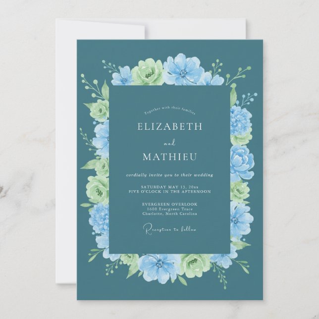 Invitación Boda floreciente de primavera en color cian (Anverso)